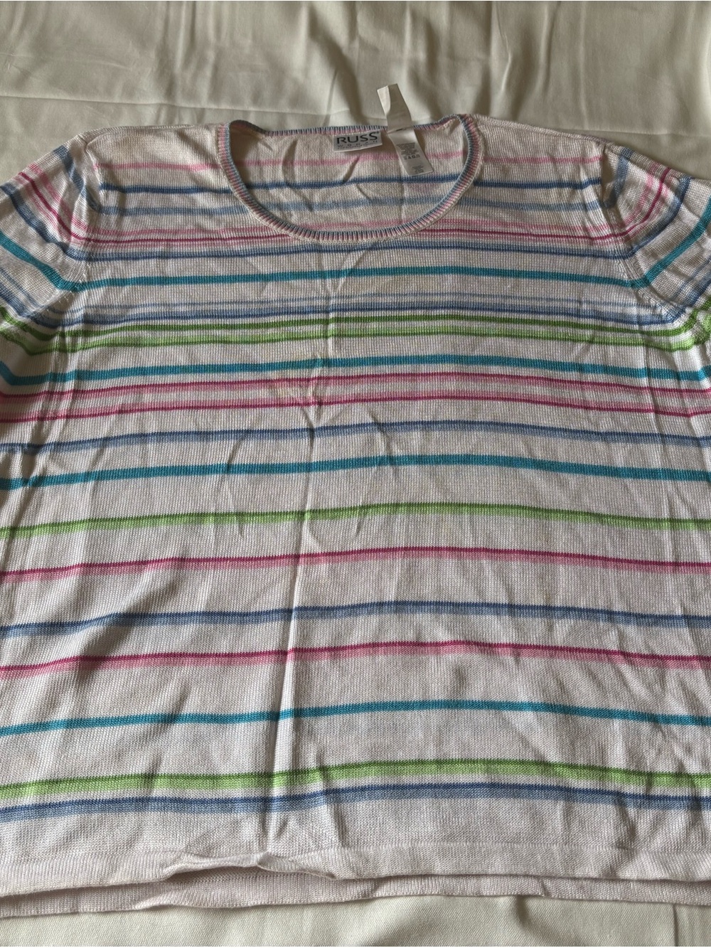 Russ White Short Sleeve Tee with Pink, Blue, Green & Purple Stripes